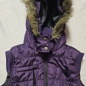 Purple Hooded Puffer Vest with Faux Fur Trim